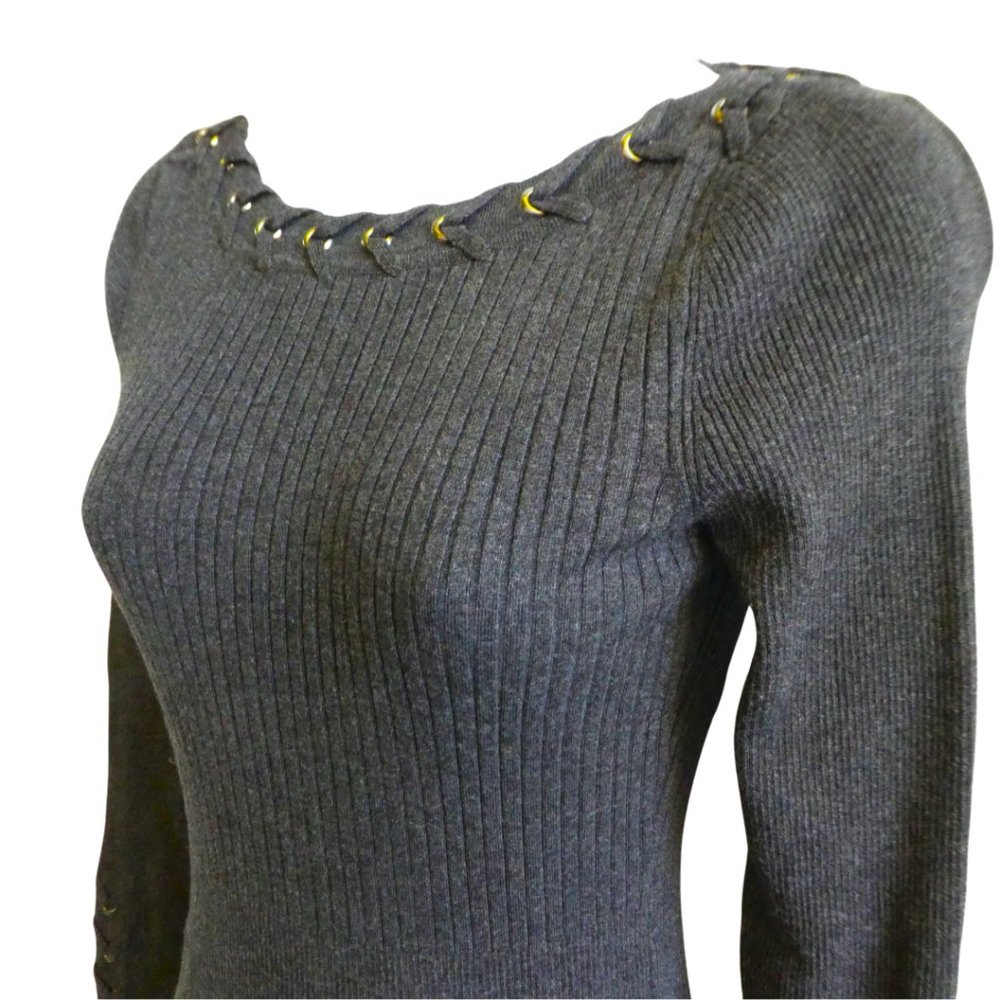 Cache Charcoal Grey Sweater Dress Lace Up Neckline Cuffs Ribbed Knit Bodycon S